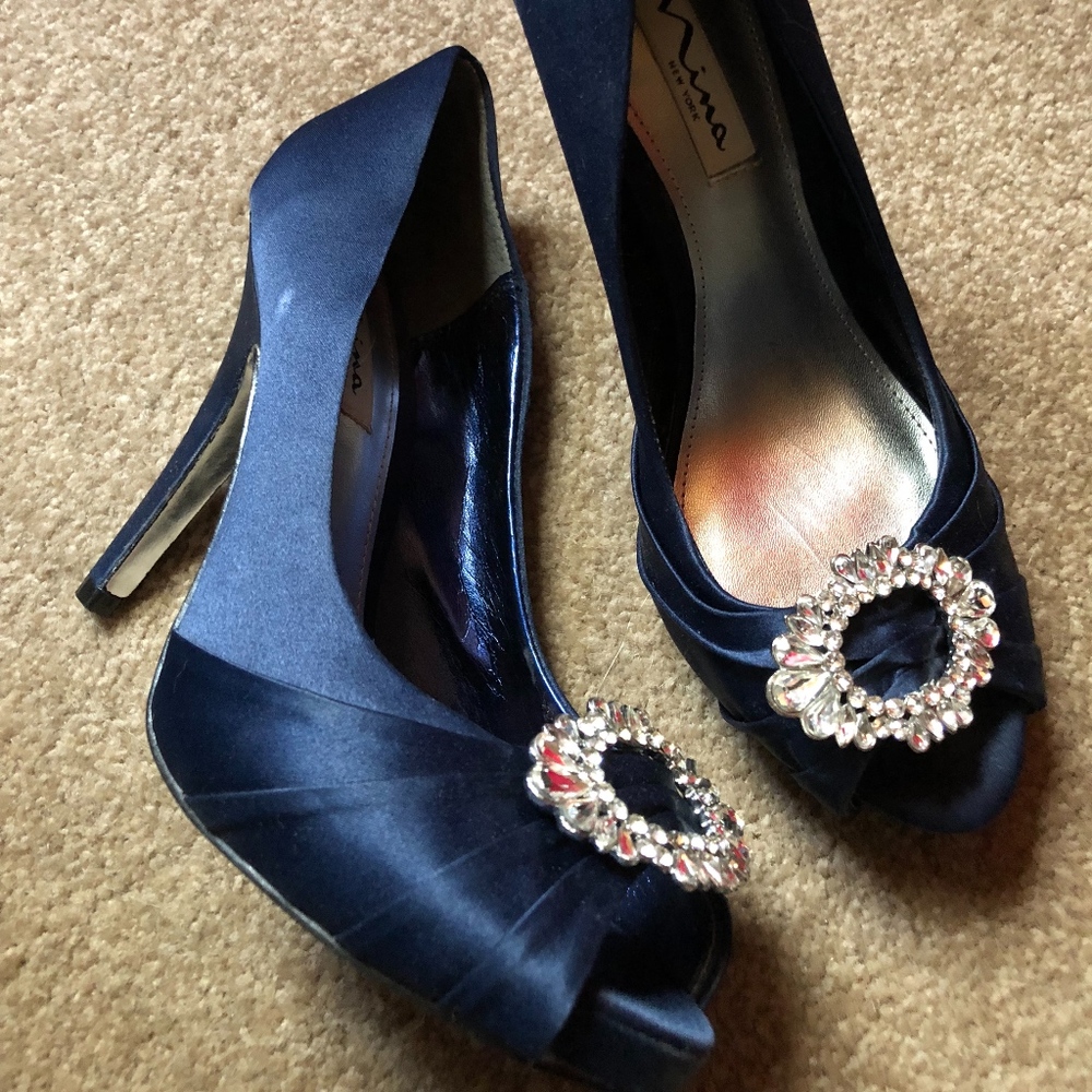 Navy Blue Satin Open Toed Heel